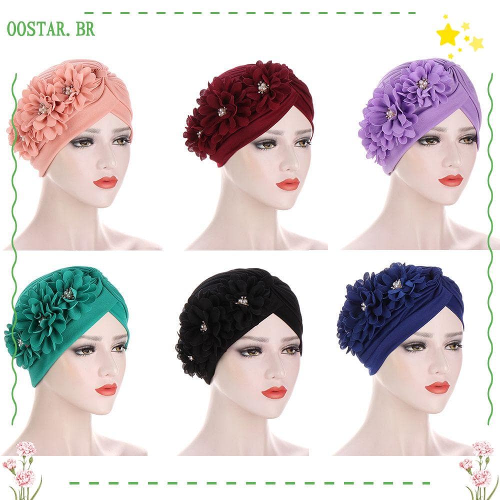 OOSTAR Mulheres Flores Ruffle Turbante Mujer Acessórios Para Cabelo Pérolas Elásticas Headscarf Bonnet