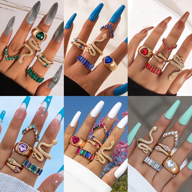 Jóias da Moda Européia Americana Jóias Anel Jóias em Forma de Cobra Imitação de Amor Diamante Esmeralda ins Style Five-Piece Ring Fêmea