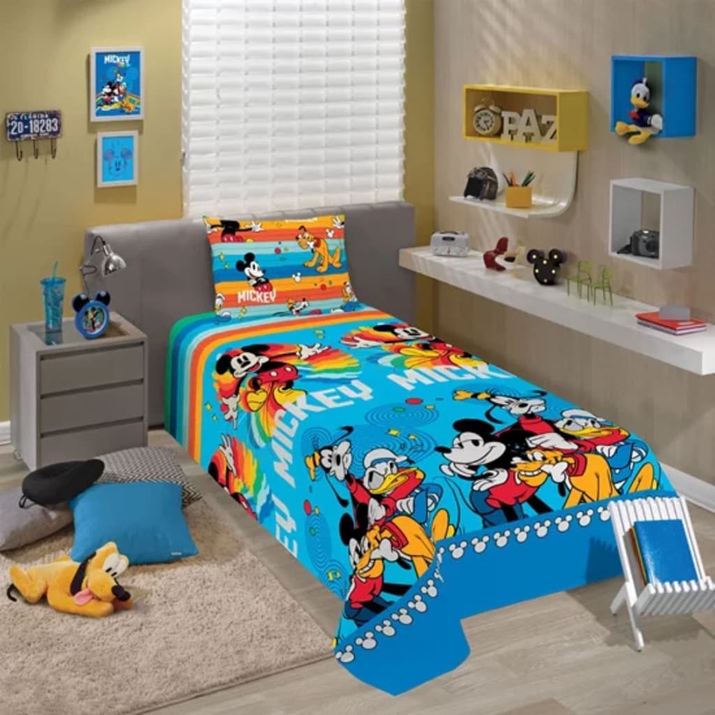 Jogo De Cama Azul Mickey Solteiro 2Peças 100% Microfibra Macio