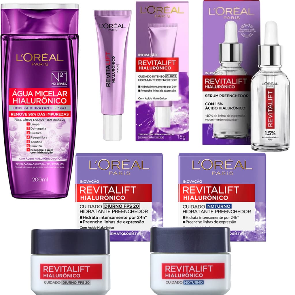 Kit Revitalift Ácido Hialuronico Completo Sérum Creme Preenchedor Água Micelar Gel Limpeza Loreal