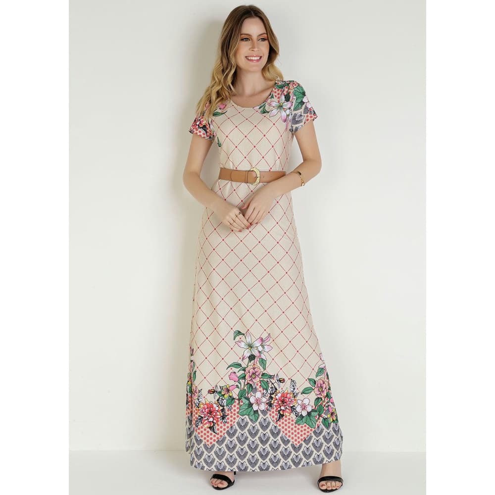 Vestido Feminino Longo Floral Moda Evangélica Adulto Curve e Plus Size
