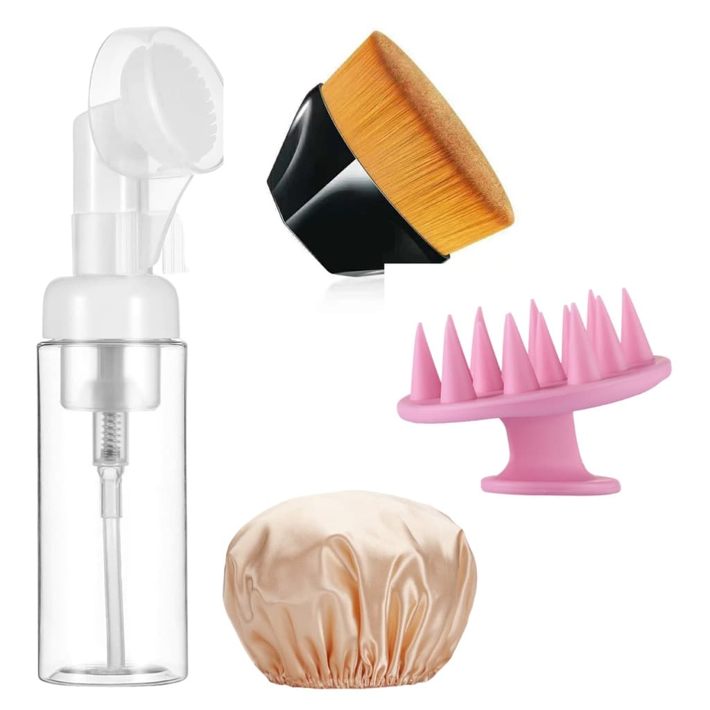 Kit Cuidados C/ Frasco Espumador Pincel Escova Massageadora E Touca Cetim