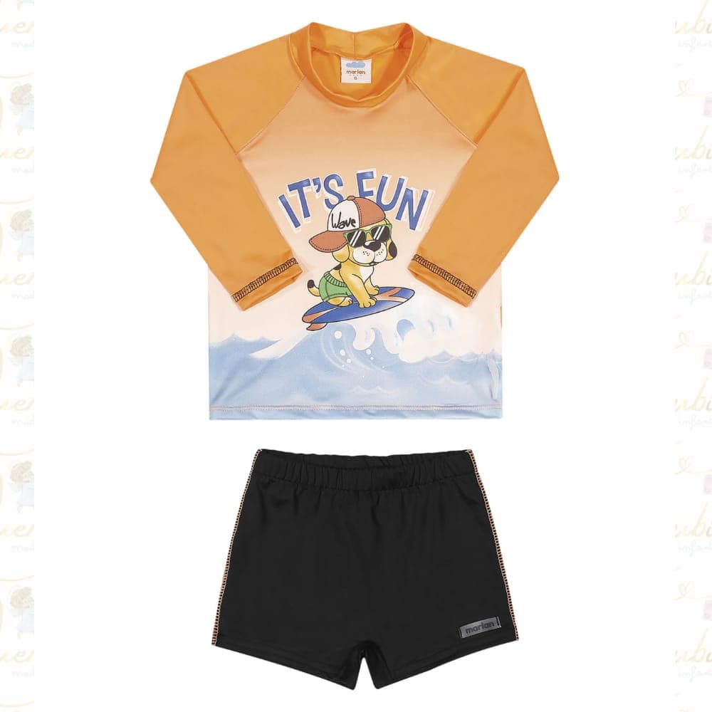 CONJUNTO INFANTIL  MENINO CAMISETA E SUNGA UV50+ CACHORRO SURFISTA -  MARLAN - cor LARANJA