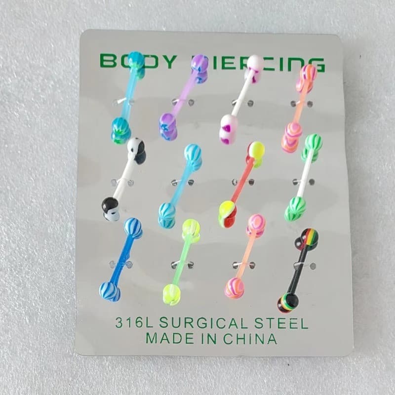 Cartela Piercing De Lingua Colorido Silicone 12 Unidades