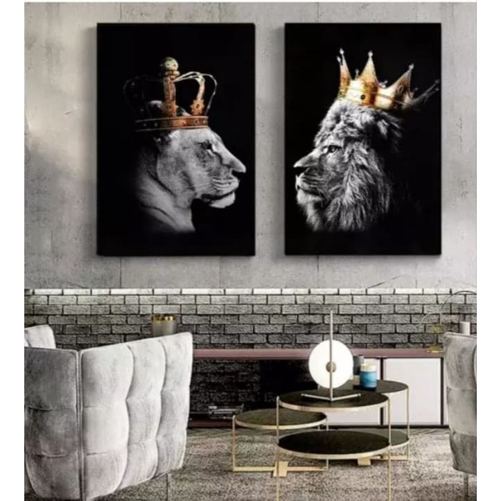 Quadro placa decorativa  2 peças Leão e Leoa Coroa 20x30 Alta Qualidade 4k