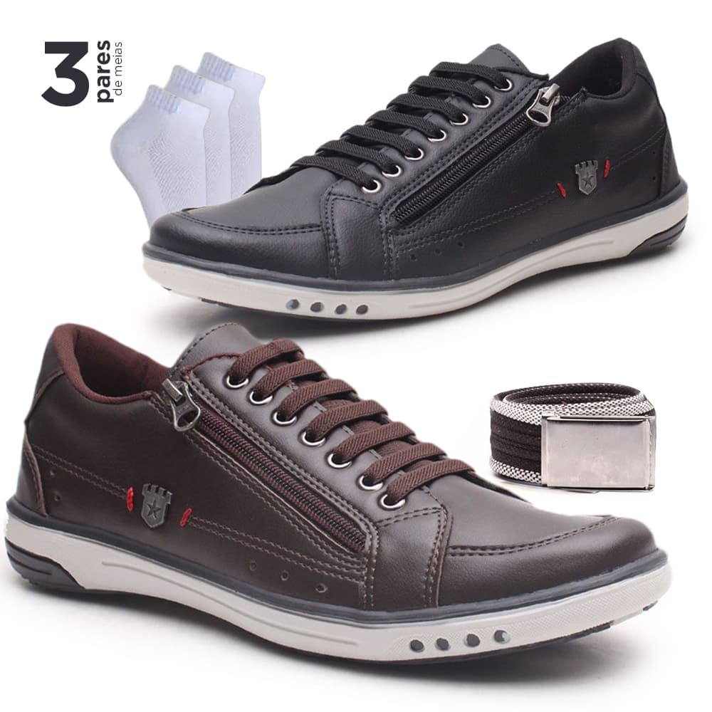 Kit 2 Sapatenis Masculino Calce Fácil Versales + Cinto + 3 Pares Meia Zíper Lateral Tamanho Especial