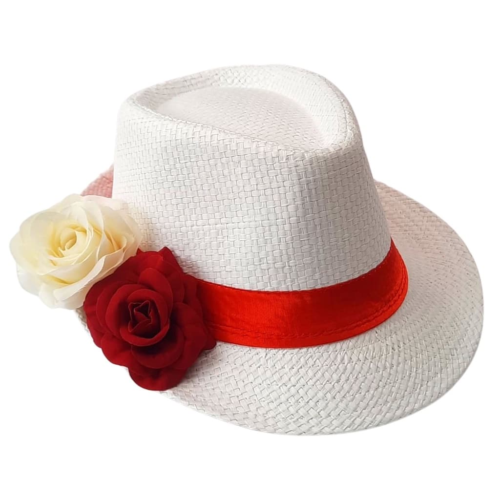 Chapeu Maria Navalha Malandra Branco com Rosa branca e rosa vermelha Umbanda candomble