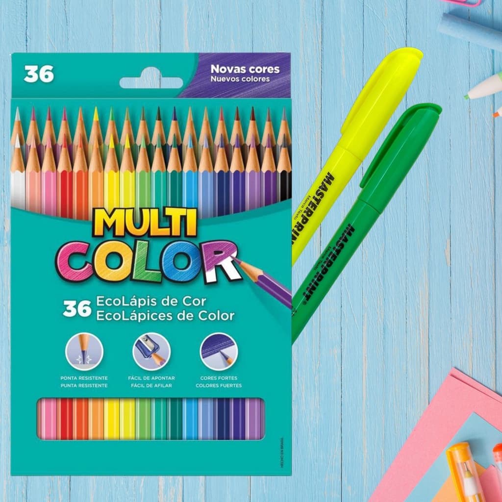 Kit Desenho Infantil 36 Lápis De Cor + 2 Marca Texto Neon Grifa Destaca