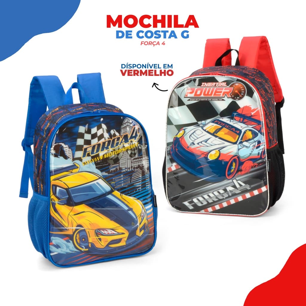 Mochila de Costa Infantil Escolar Força 4 Carros Corrida Forza