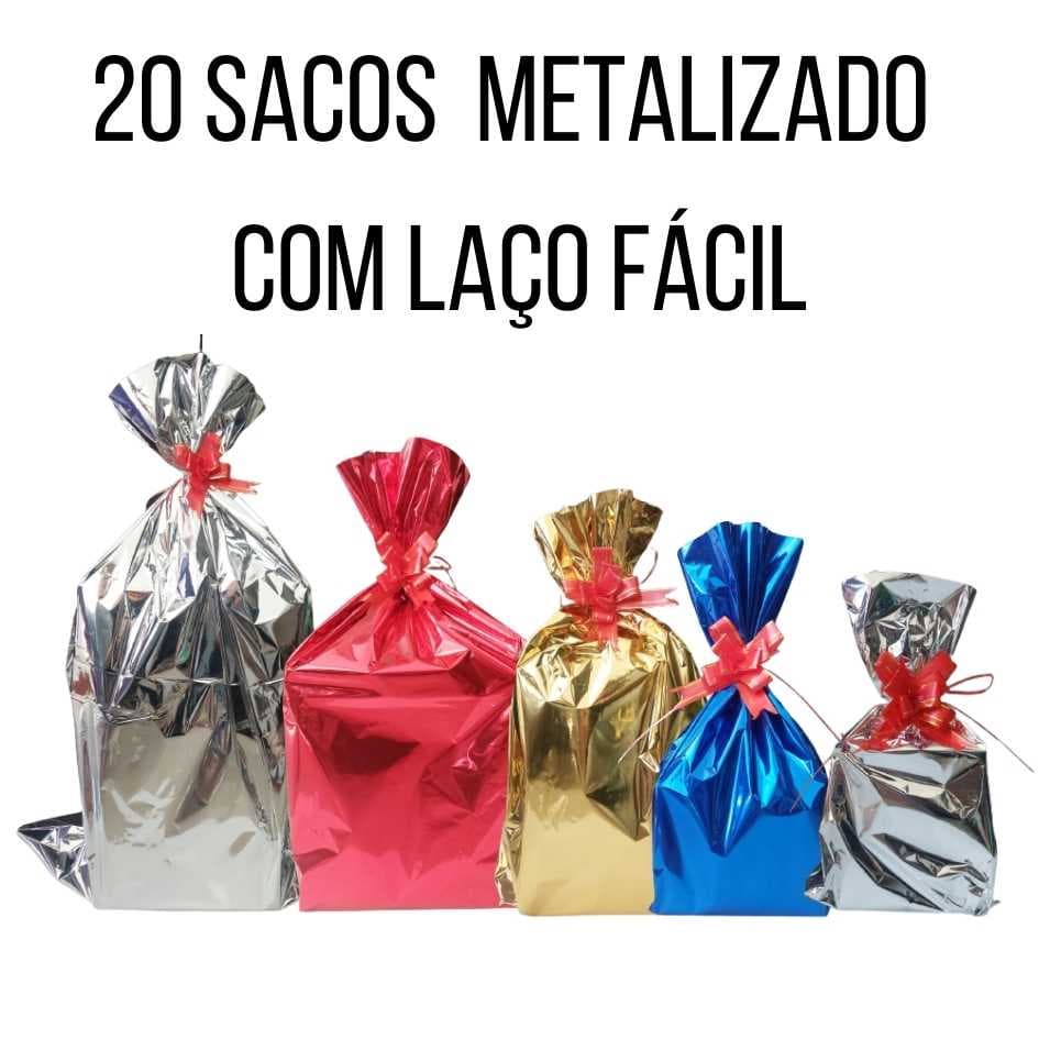 Kit 20 Sacos de Presente Metalizado Vários Tamanhos Com Laço