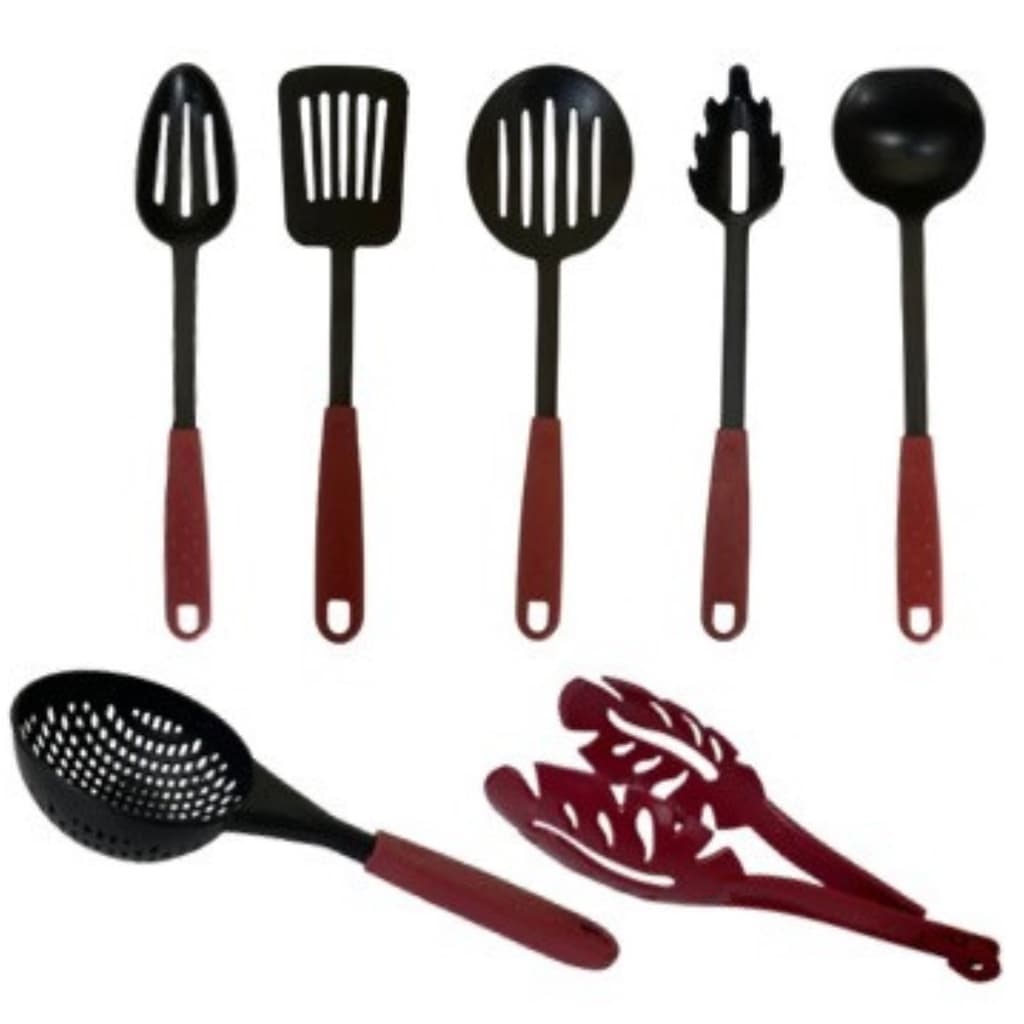 Kit 7 Utensílios de Cozinha de Plástico de Cabo Vermelho