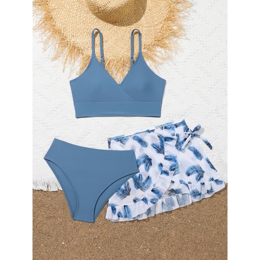 Girls Kids 3pack Leaf Print Conjuntos De Biquíni Com Saias Ruffle Teenagers Fato De Banho Para Crianças De 9-14 Anos 2024 De Praia