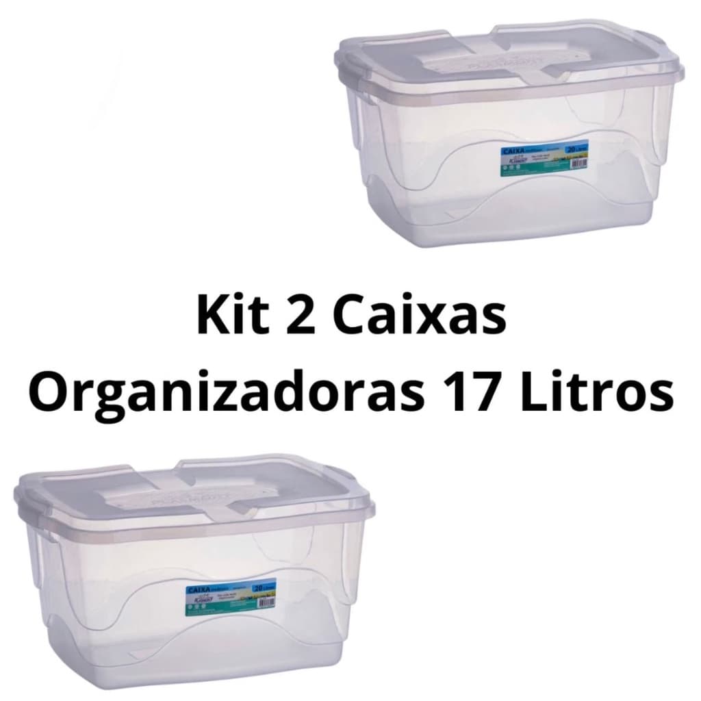 Kit 2 Caixas Organizadoras 17L Transparentes com Tampa Trava Multiuso para Brinquedos Roupas e Organização