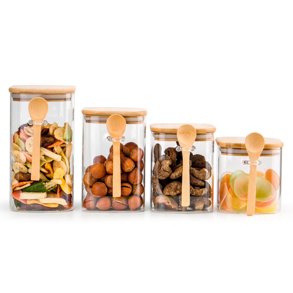 Kit 4 Potes Com Colher Quadrado Vidro Tampa De Bambu mantimentos jogo pote herméticos ml mantimento