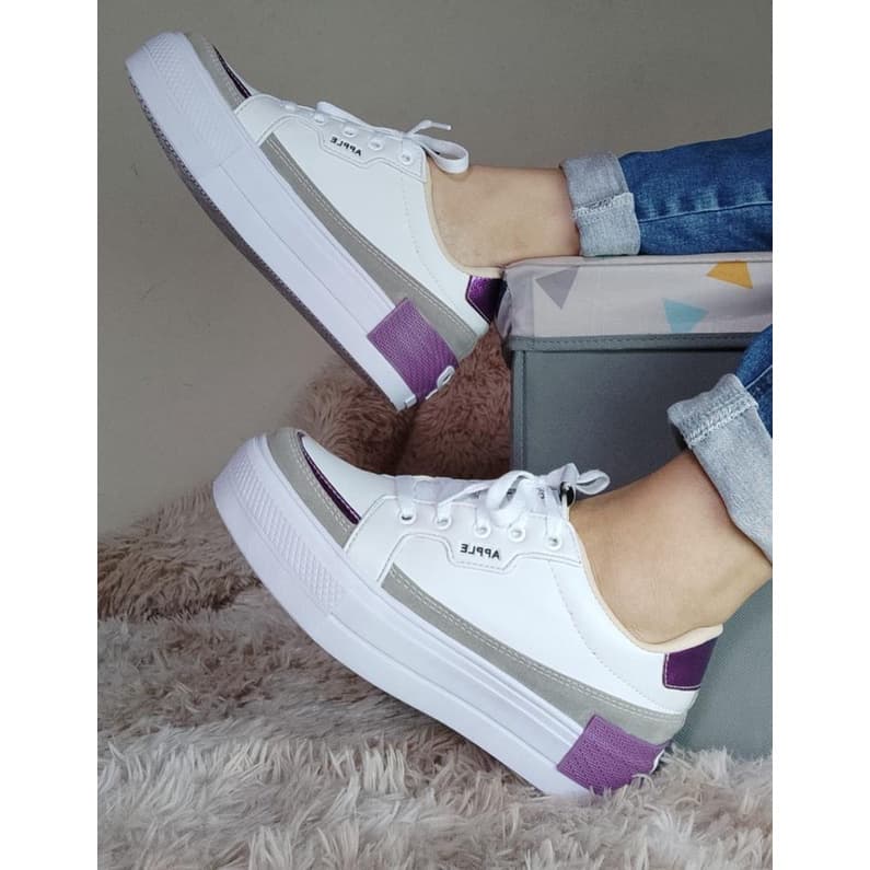 Tênis Feminino Casual Via Apple Plataforma/Tênis Botinha/Cano Alto Branco Roxo