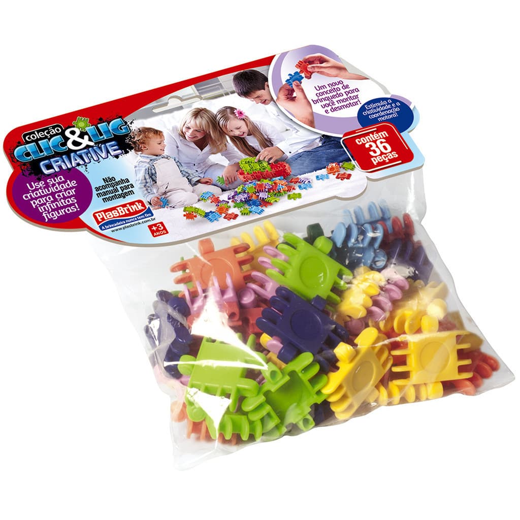 Brinquedo Infantil Educativo Crianças Clic & Lig 36 Peças Sortidas Criatividade Criar Plasbrink