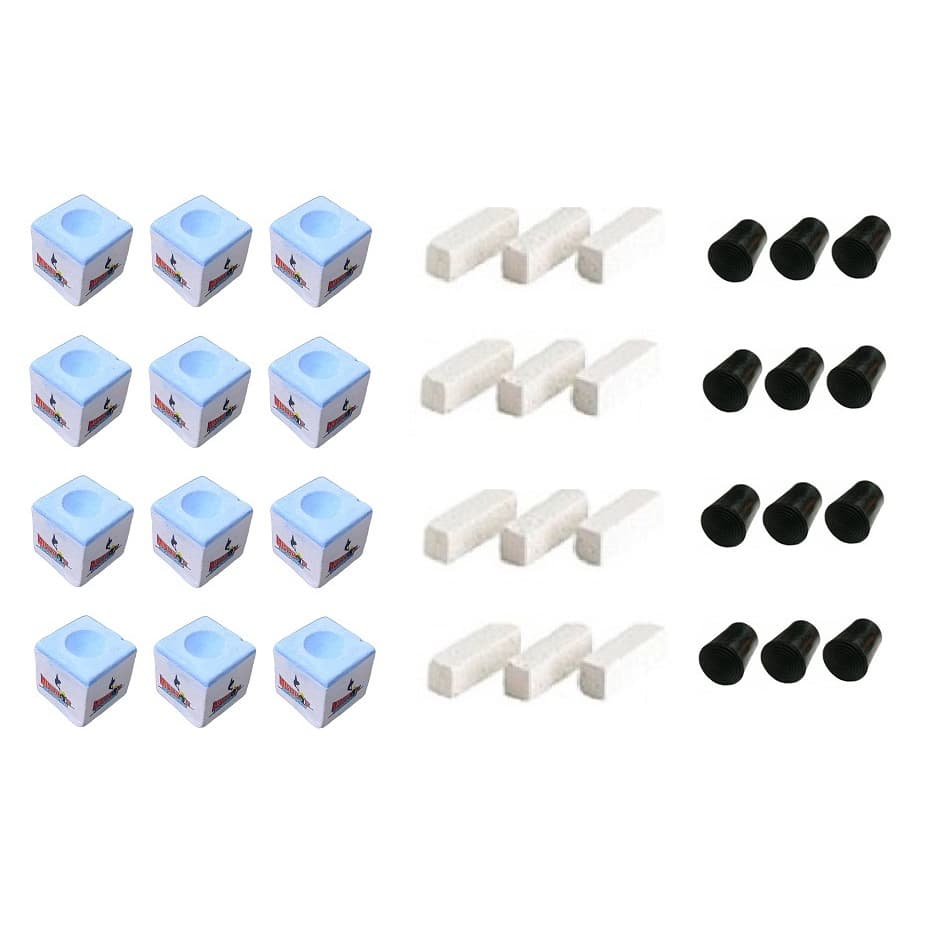 12 Giz Azul Comum + 12 Giz Branco + 12 Virolas Taco Bilhar
