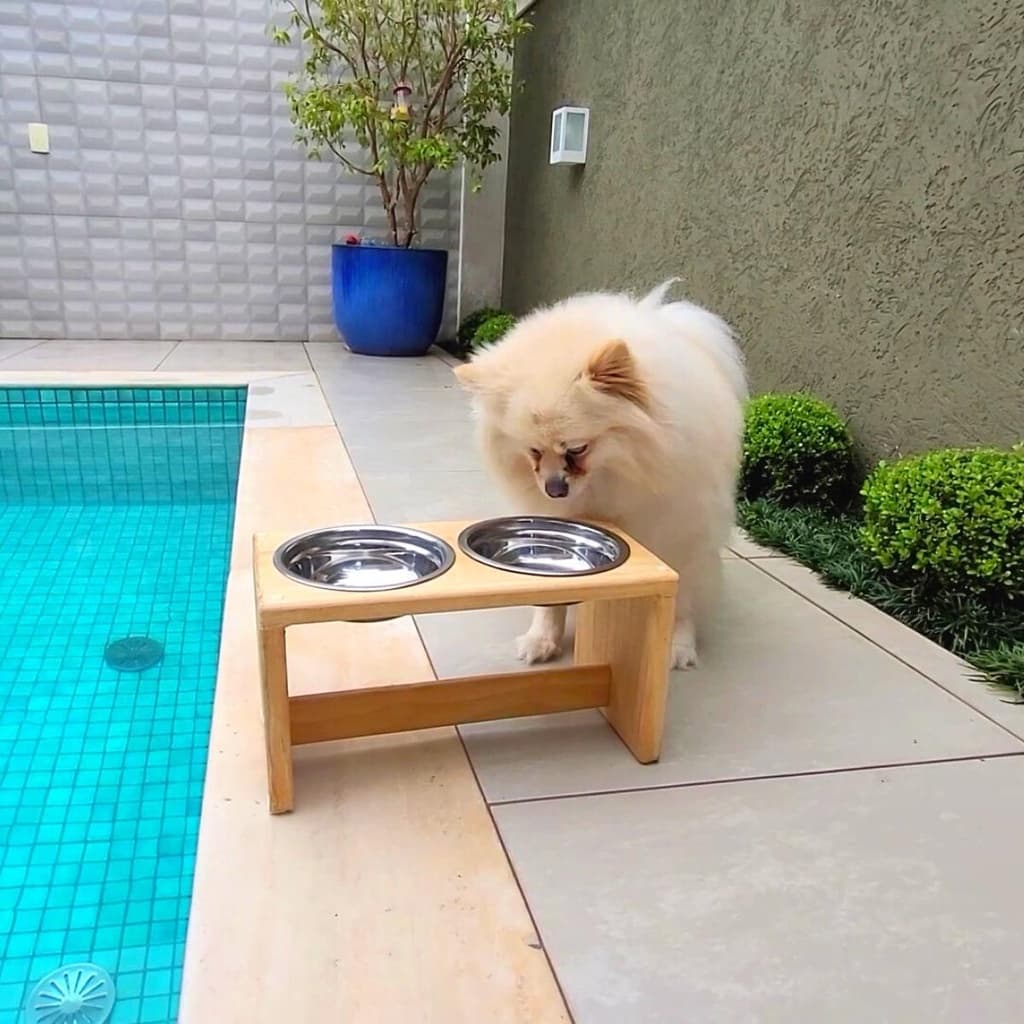 Comedouro Pet Médio Elevado / Bebedouro Ração Cachorro Gato Pet Suporte Pote Inox Madeira Pinus