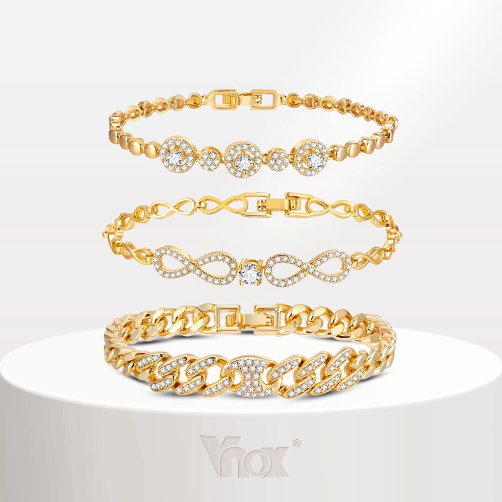 Vnox Cubic Zirconia Pulseira De Corrente De Clip De Papel Cubano Para Mulheres , 18k Casamento Com Contas De Ouro Brilhante Infinito