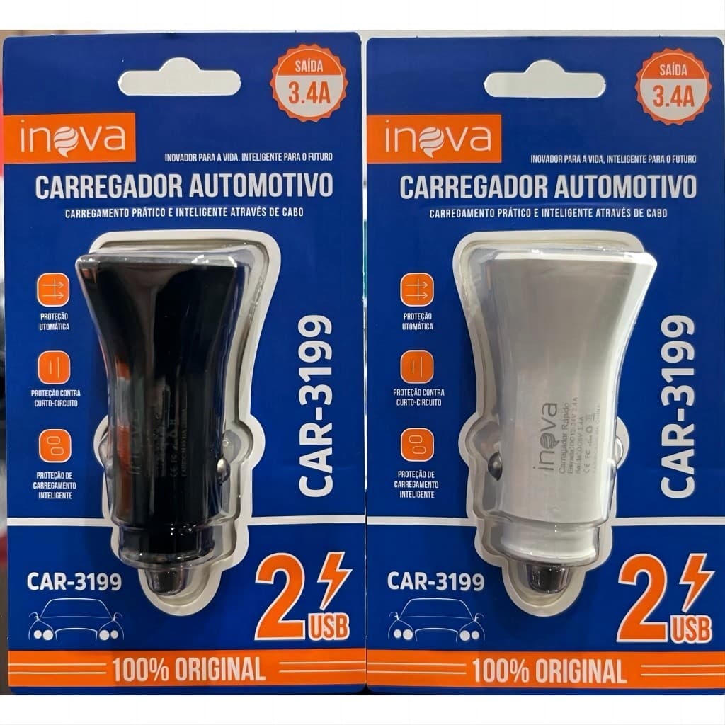 Kit 2pcs Carregador Inova para Celular Veicular Carro Fonte 2 entradas USB