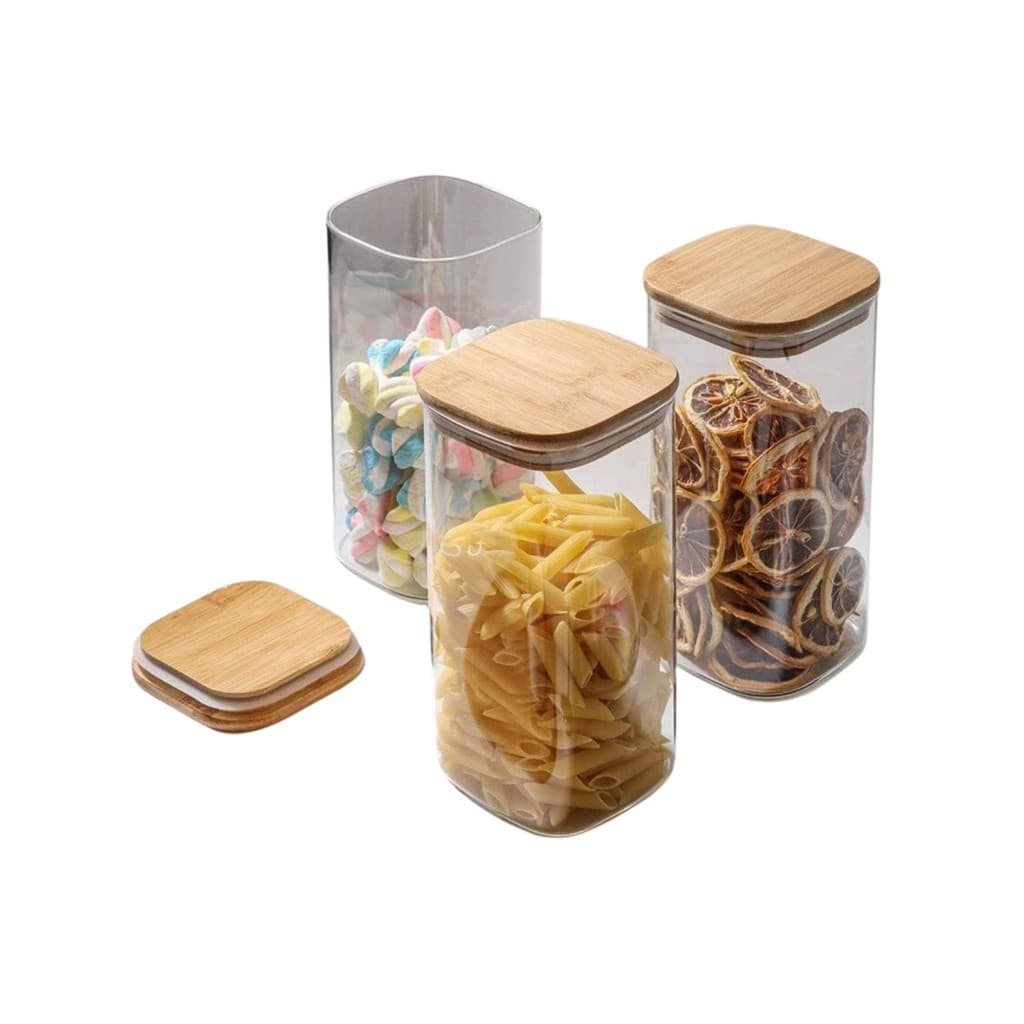 Kit 3 Pote De Vidro C/ Tampa De Bambu Quadrado Hermético 1350ml Para Mantimentos Design Sofisticado