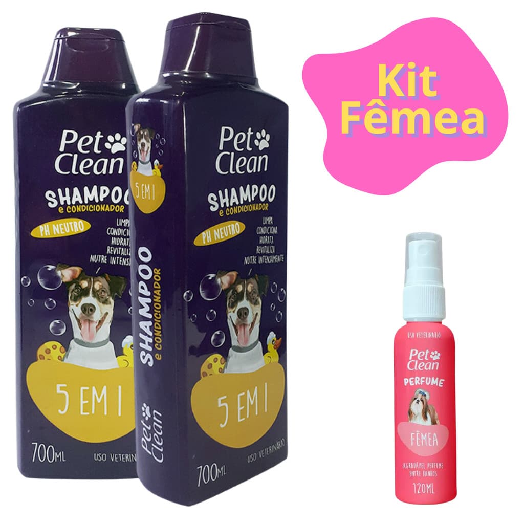 Kit Shampoo 5 em 1 + 1 Perfume para Cães e Gatos Pet Clean