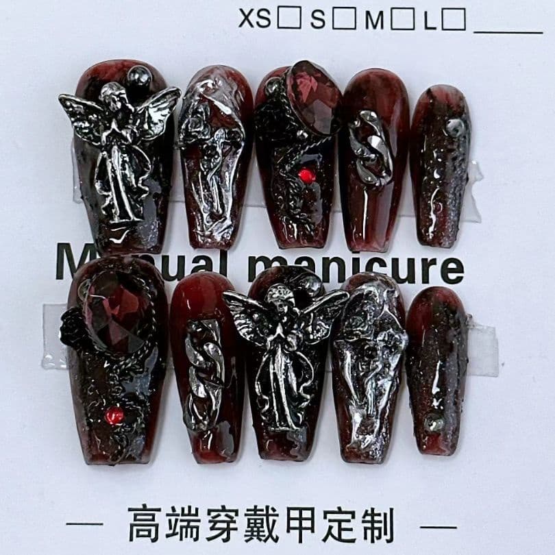 Doce Legal Estilo Escuro Artesanal Imprensa Em Unhas Estrela Rio Cai Remendos Da Arte Do Prego Escarlate Anjo Halloween