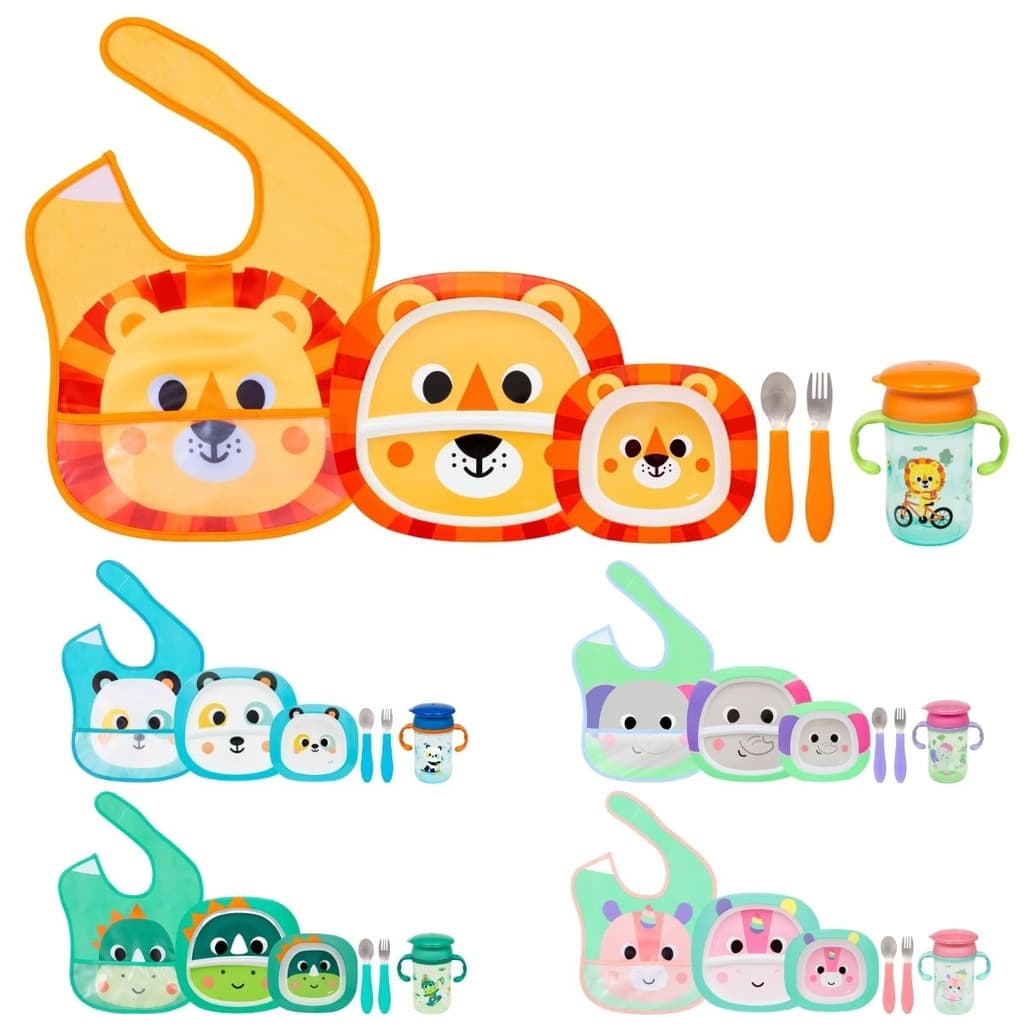 Kit Refeição Infantil 5 Peças Prato com Divisória, Bowl, Kit Talher Inox, Babador com Pega Migalhas e Copo 360 Antivazamento Buba Bubazoo