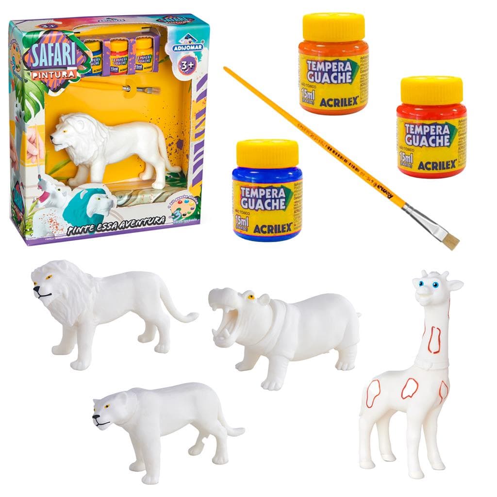 Boneco Animal Para Colorir Safari Pintura Colecao Leao Girafa Onca Hipopotamo Com Tintas E Pincel - Adijomar