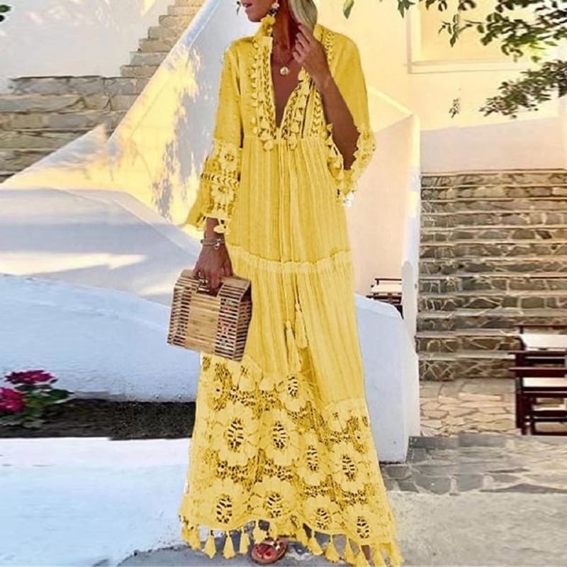 Primavera 2021 Bohemian novo estilo com borlas de renda costuradas vestido de saia de temperamento de férias de praia