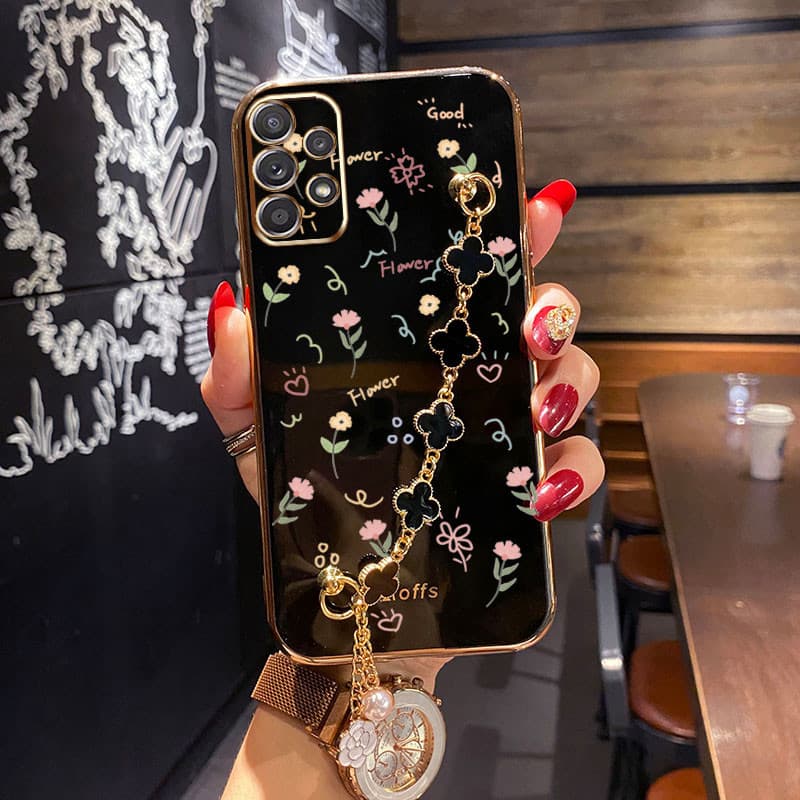 Caixa Samsung Galaxy A52 A72 A32 A23 4G A33 A53 A73 5G A52S Padrão De Flor Pequena Com Pulseira De Quatro Folhas De Trevo À Prova De Choque Capa Protetora De Silicone Para Telefone