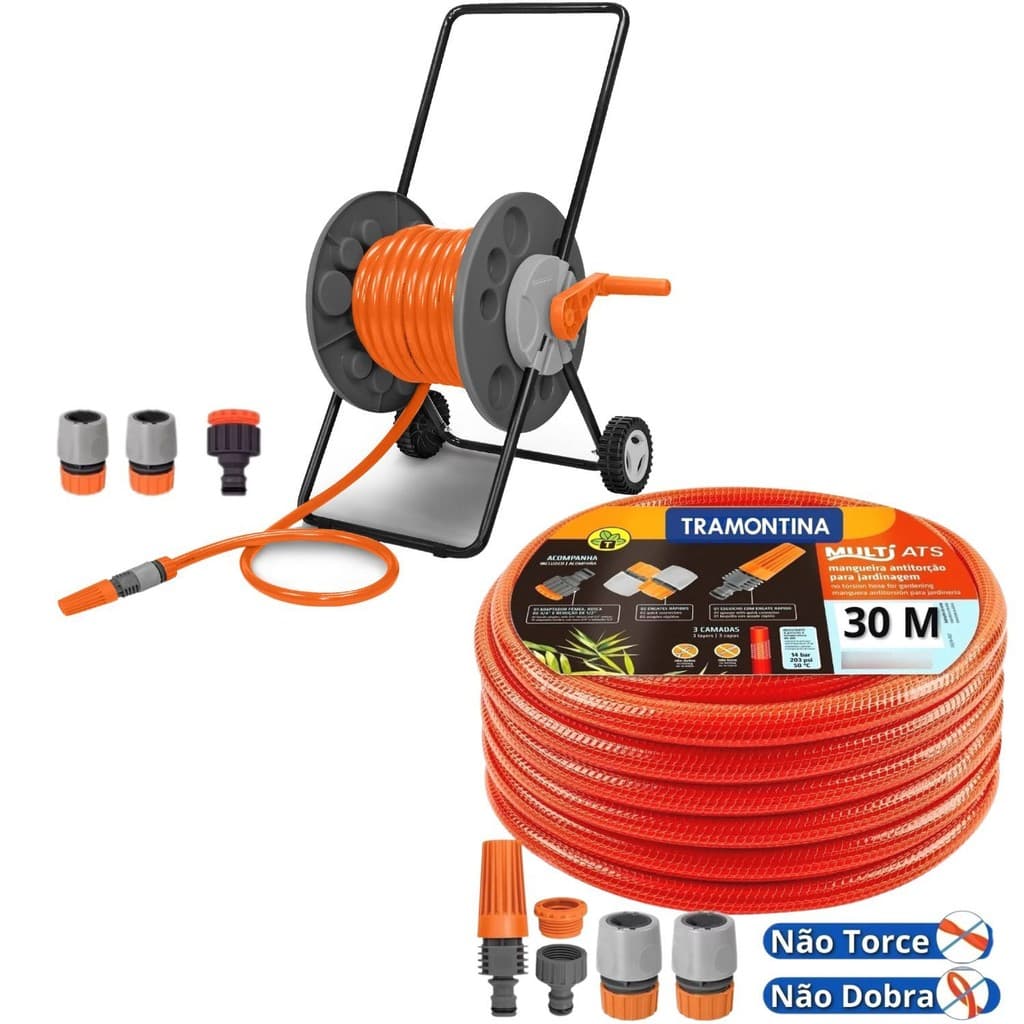 Mangueira De Jardim 30m Multi ATS + Enrolador De Mangueira com Rodas Tramontina