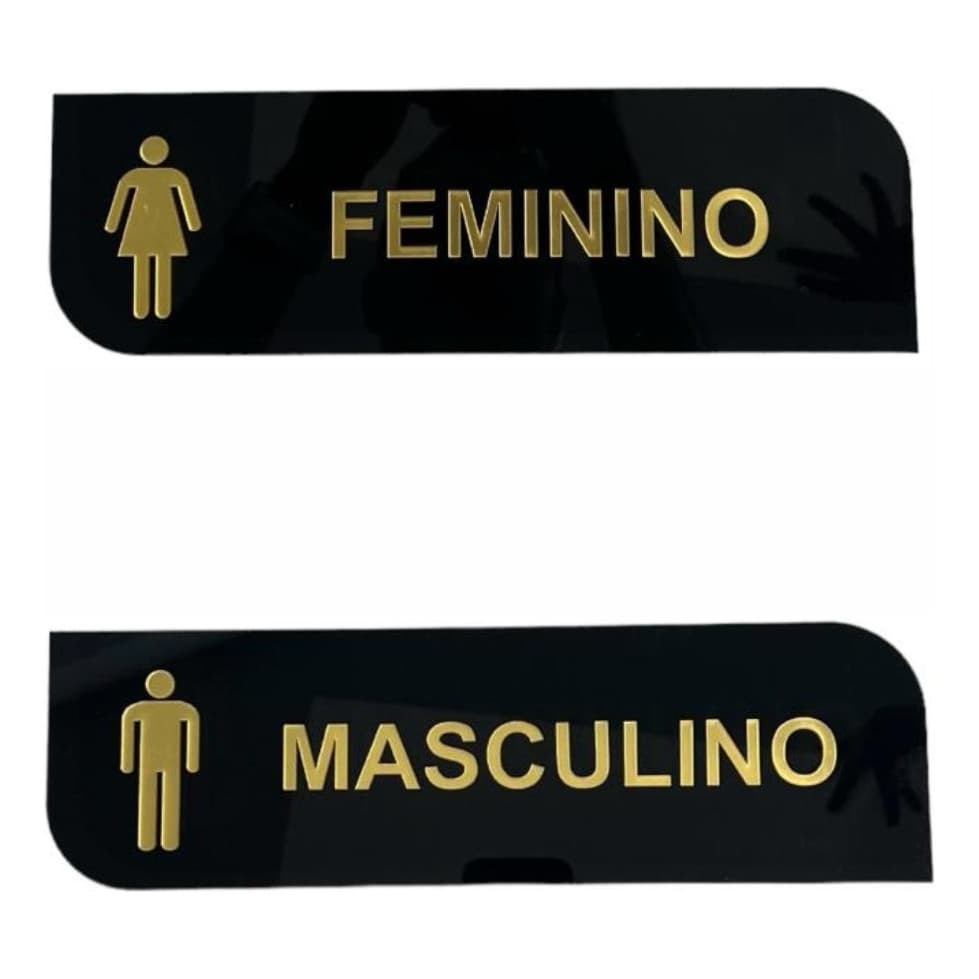 Kit Wc Acrílico Preto C/ Dourado 2 Placas Masculino Feminino