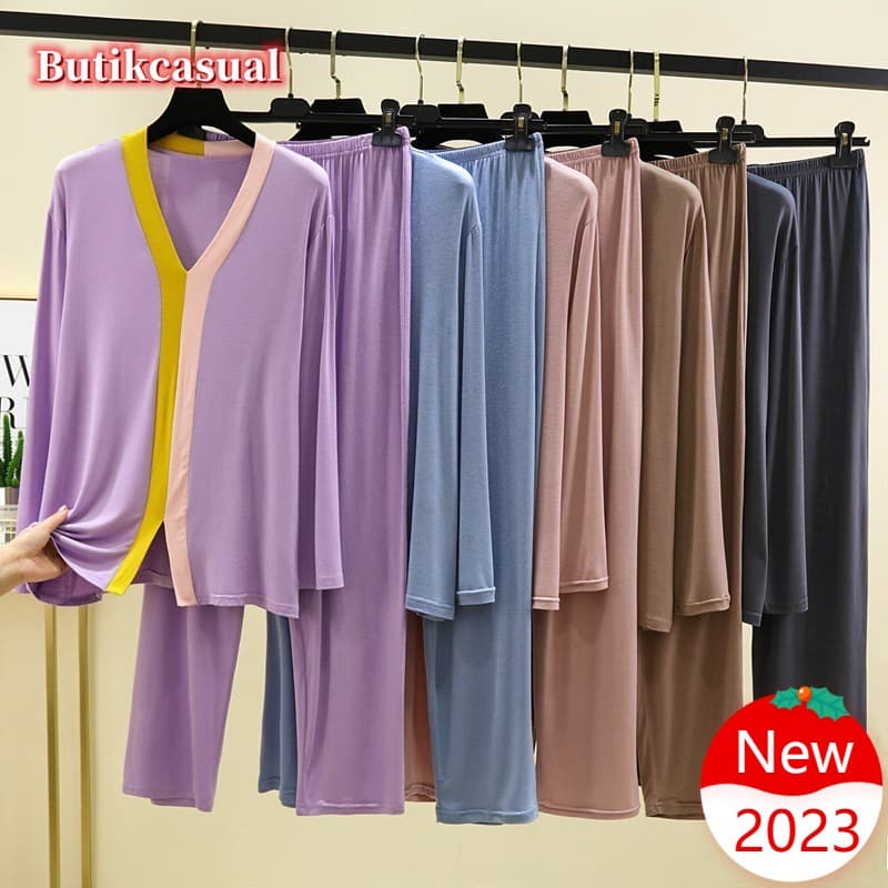 Mulheres modal Algodão Pijamas 2 Pçs Conjunto Com Decote Em v Contraste Manga Longa Solto casual sleepwear Conforto Maci
