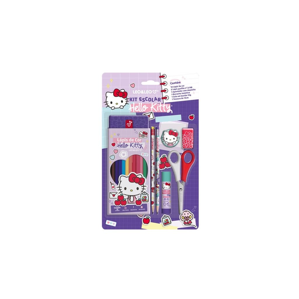 Kit Escolar Hello Kitty - Lápis 12 Cores + 5 Itens - Leo&Leo