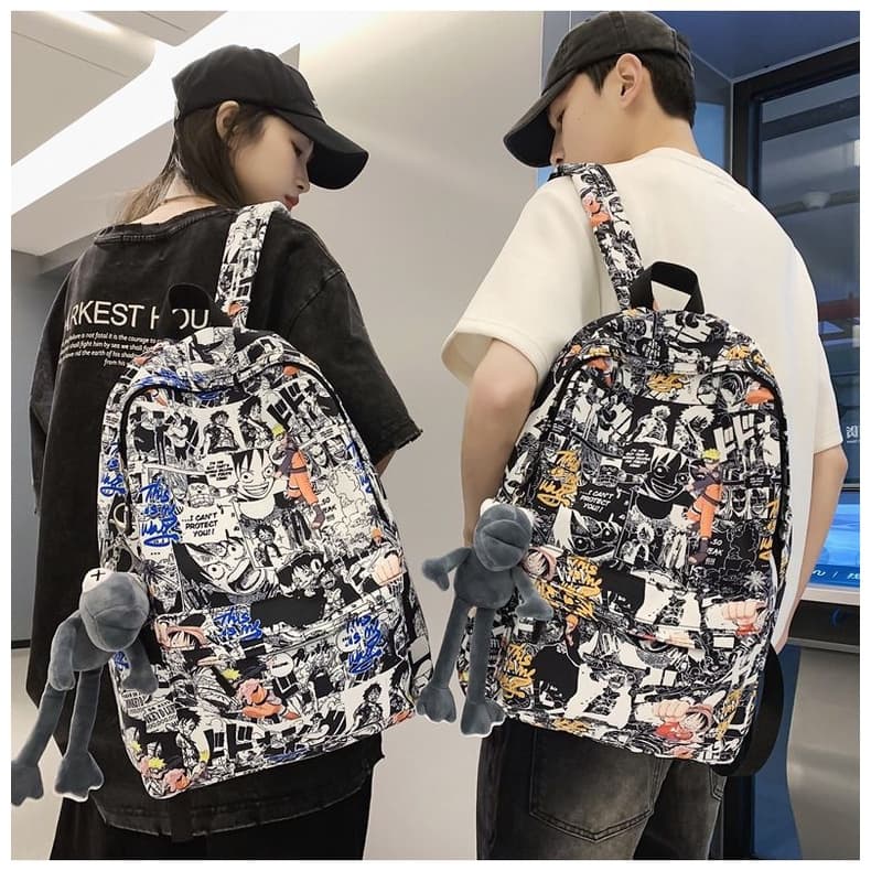 Mochila escolar One Piece com estampa de graffiti, estilosa e de alta capacidade, para estudantes do ensino fundamental.