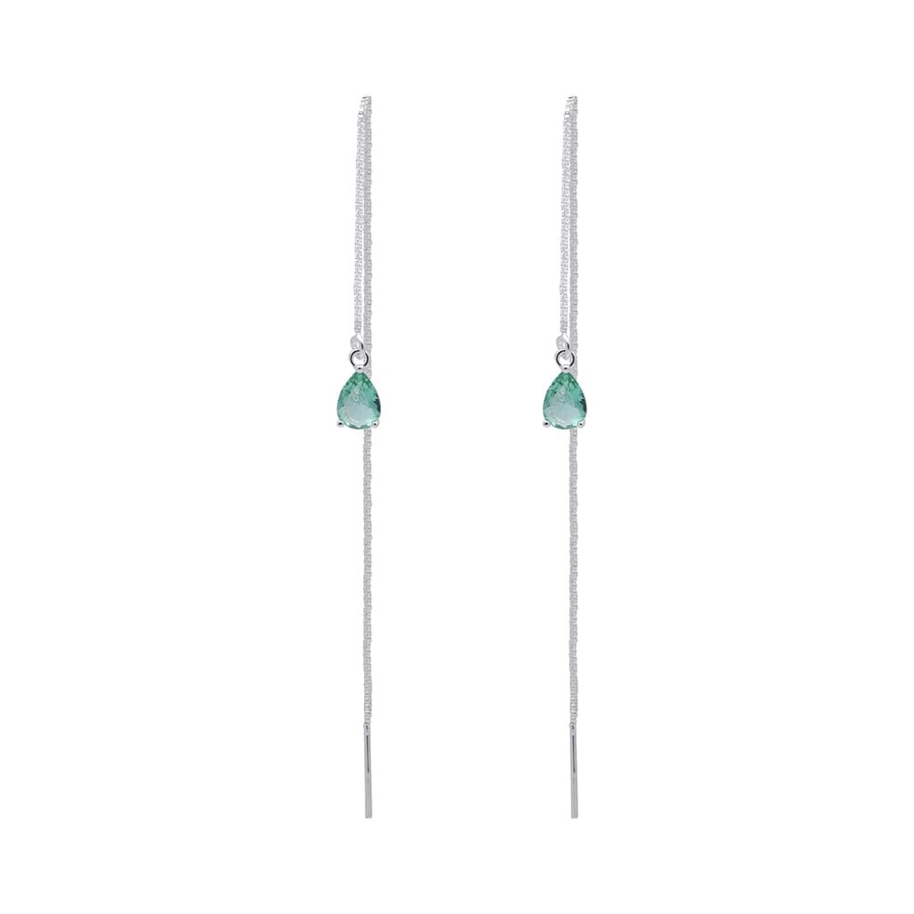 Brinco Fio Passante Longo Pedra Verde Agua Banhado Prata 925 Legitima