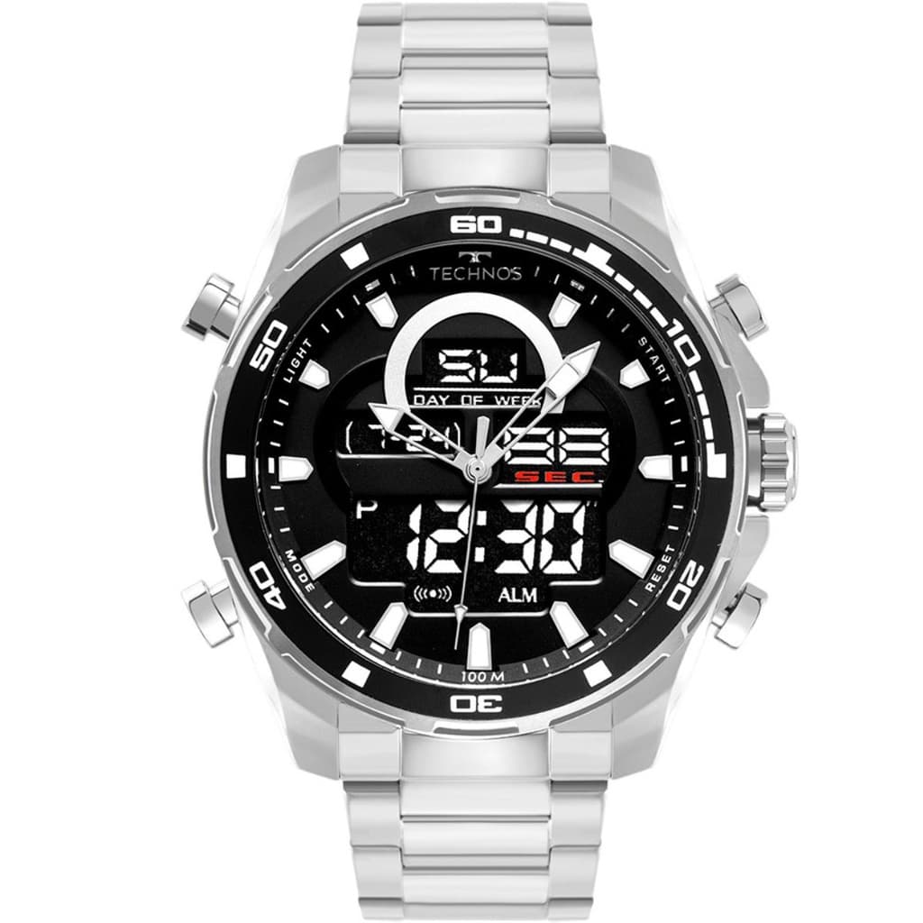 Relógio Masculino Technos BJK626AA/1K anadigi, prata, à prova d'água, original e ideal para presente.