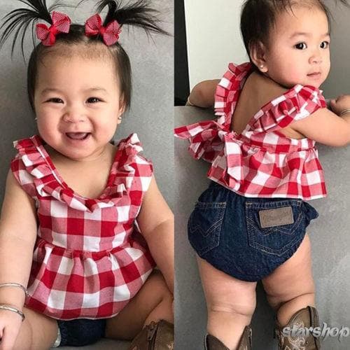 Starshop-Baby Girls Clothes Sets Vermelho E Branco Calções De Ganga Sem Mangas Com Fita Para A Cabeça Roupas De Verão Meninas Toddler