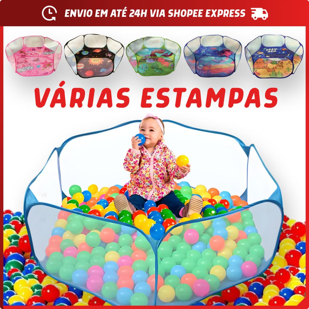 Piscina Infantil de Bolinhas Cercadinho Estampada Dobravél com 100 ou 50 Bolinhas 76mm Coloridas + Bolsinha