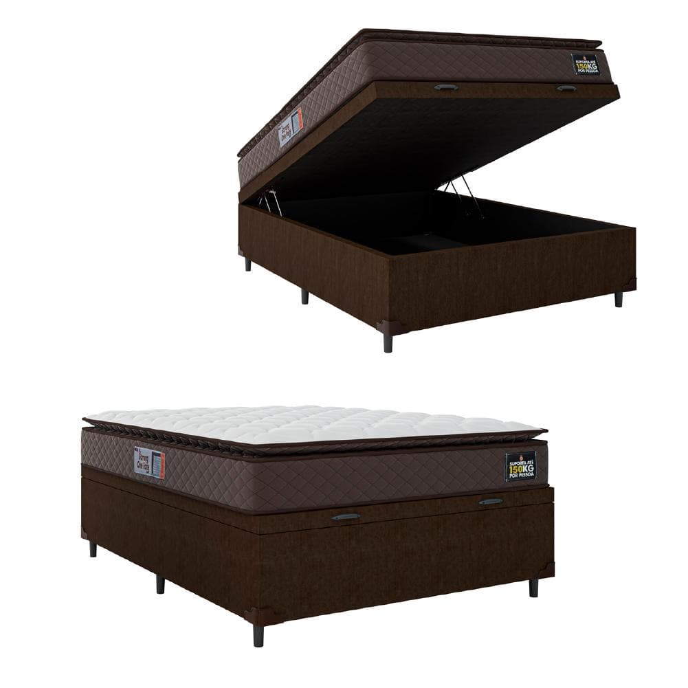 Cama Box Baú Casal Colchão Espuma D45 Pillow Top Strong 138x188x65cm Marrom Hellen - Suporta até 150