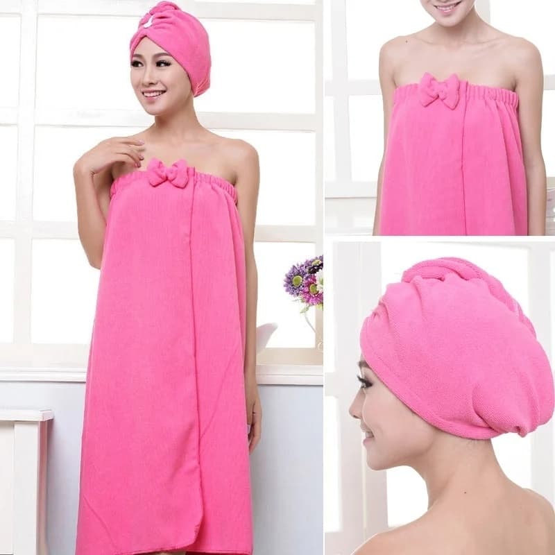 Kit Vestido Toalha Roupão Banho Estilo Coreano Microfibra + Touca Mágica Microfibra Secagem Rapida