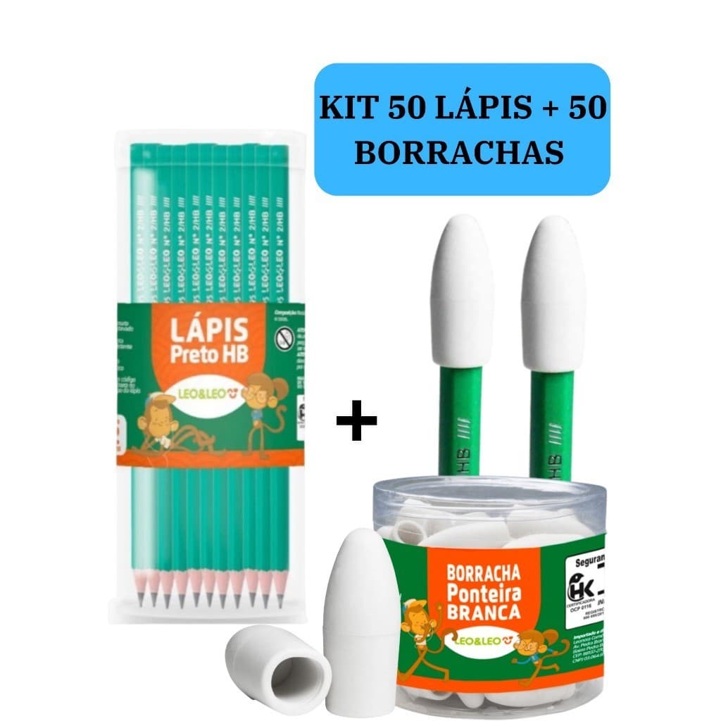 Kit 50 Lápis de Escrever Nº2 Preto + 50 Borracha Escolar Ponteira Branca Escolar Escola Estudo