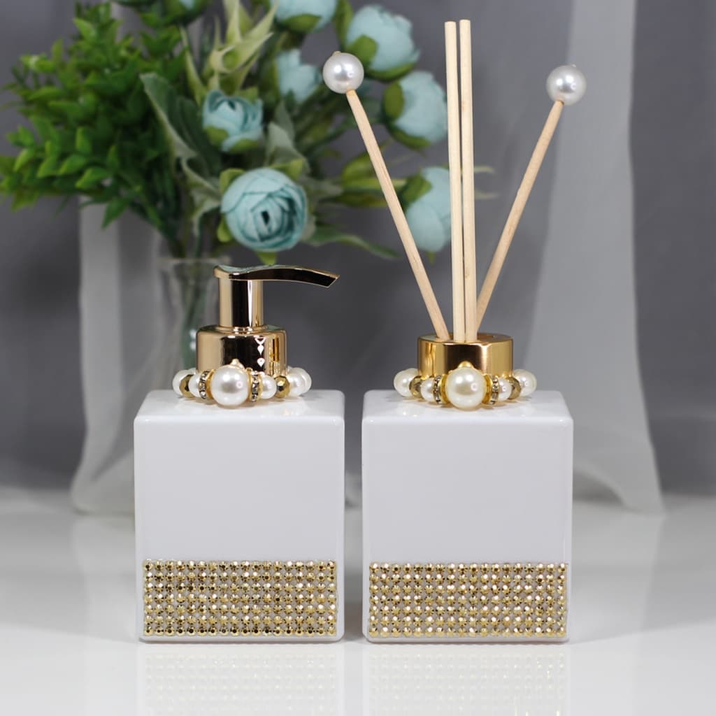 Saboneteira Liquida + Difusor Aromas Vidro Cubo Branco Fancy