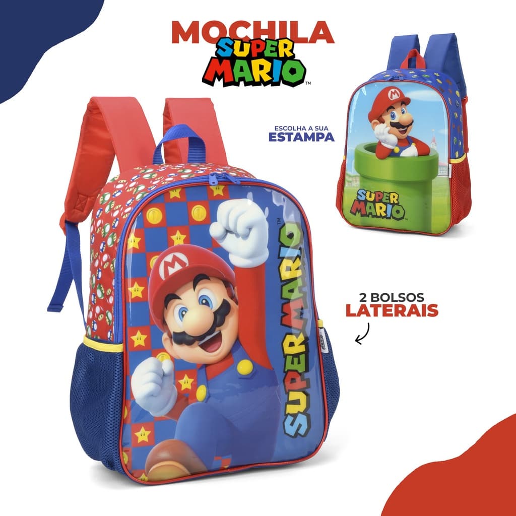 Mochila de Costas Super Mario Bros Alças Acolchoadas Infantil Escolar