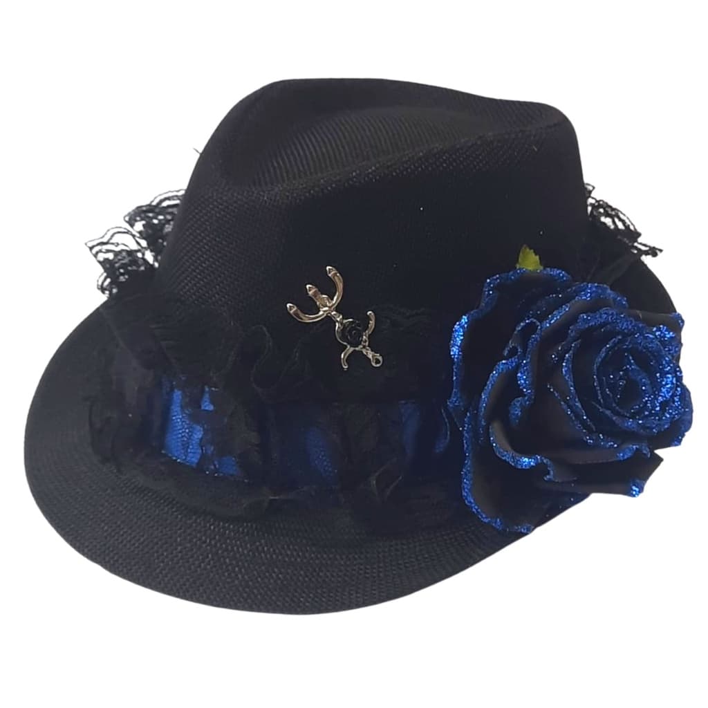 Chapéu Pomba Gira Preto Renda Preta Azul Brilhosa Umbanda Pomba Gira da Praia