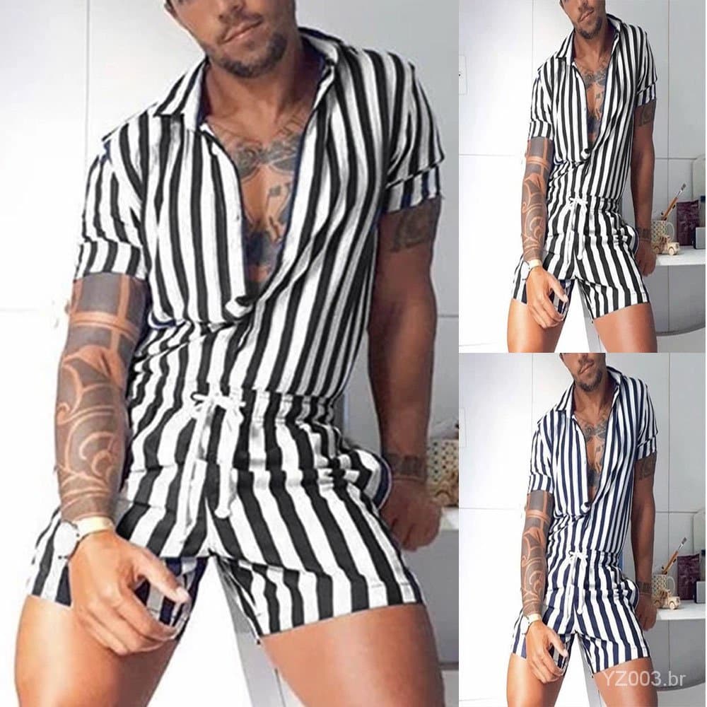 Macacão Curto Masculino Casual Impresso Listrado Moda Roupas de Verão Plus Size P-3XG