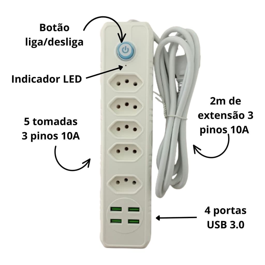 FILTRO DE LINHA 5 TOMADAS 4 USB I BOTÃO ON/OFF iNMETRO 2 METROS