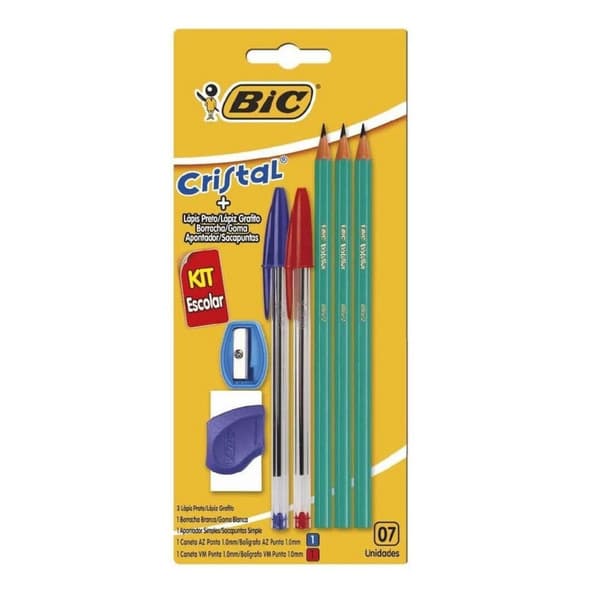 Kit Escolar Completo BIC: 2 Canetas Esferográficas, 3 Lápis Evolution, 1 Borracha e 1 Apontador