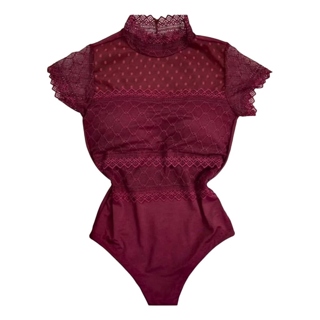 Body Feminino Manga Curta Gola Alta De Renda E Tule Poa